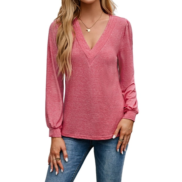 Blusas de Larga con Cuello en V para Mujer, Elegantes, Informales, de Otoño, con Mangas Abullonadas, Holgadas, Modernas. Rosa XL