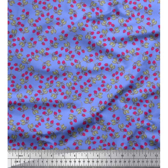 Soimoi Tissu Popeline de Coton Imprimé Feuilles & Fraises au Mètre 56 Pouces de Large
