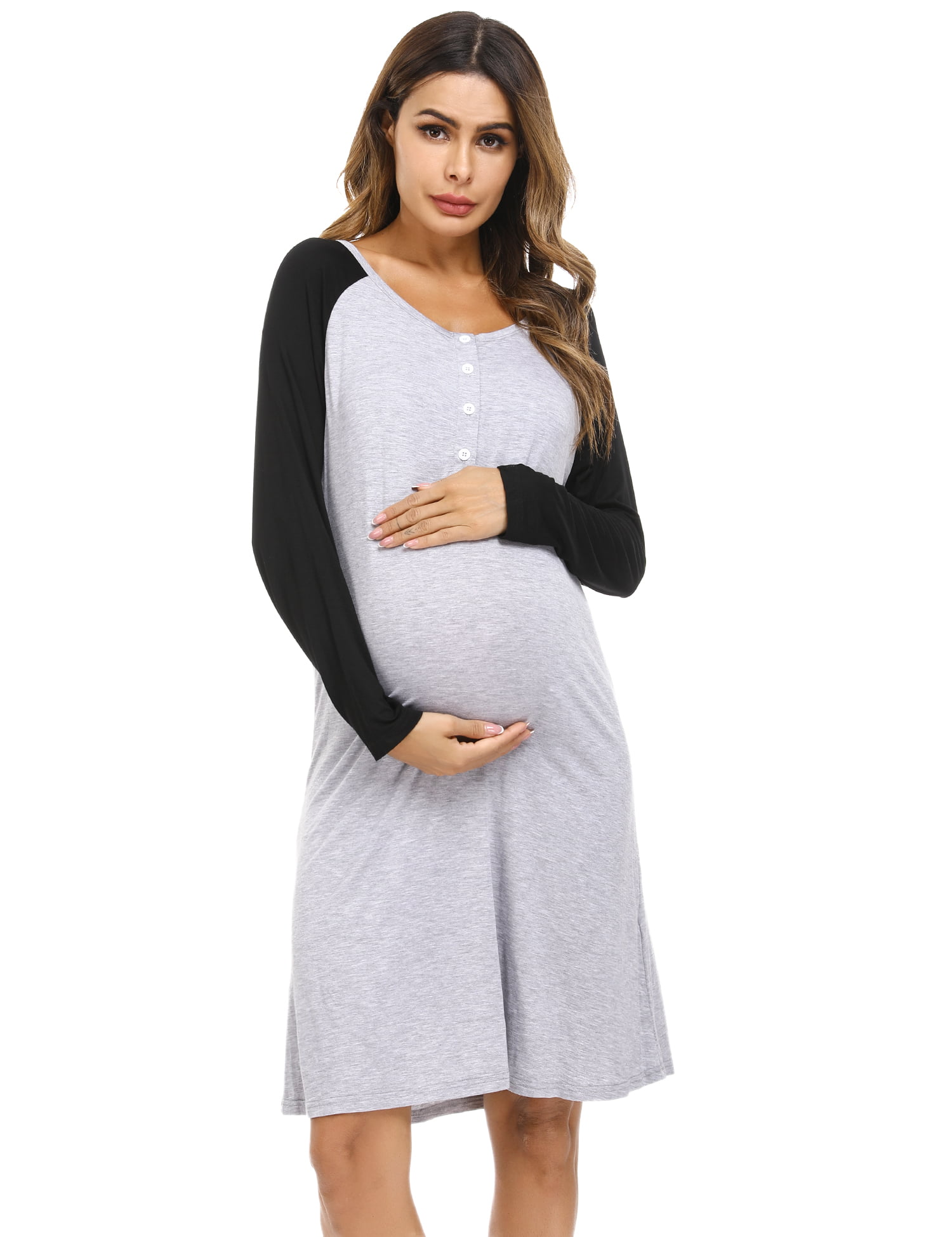 Aibrou Womens Maternity Nursing Breastfeeding Nightdress Cotton Long Sleeve Nightgown Nightshirt for Home Hospital