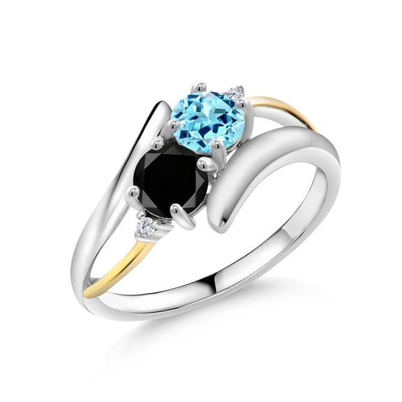 Gem Stone King 1.07 Ct Round Blue Apatite Black Diamond 925 Silver and 10K Yellow Gold Ring (Size 5)