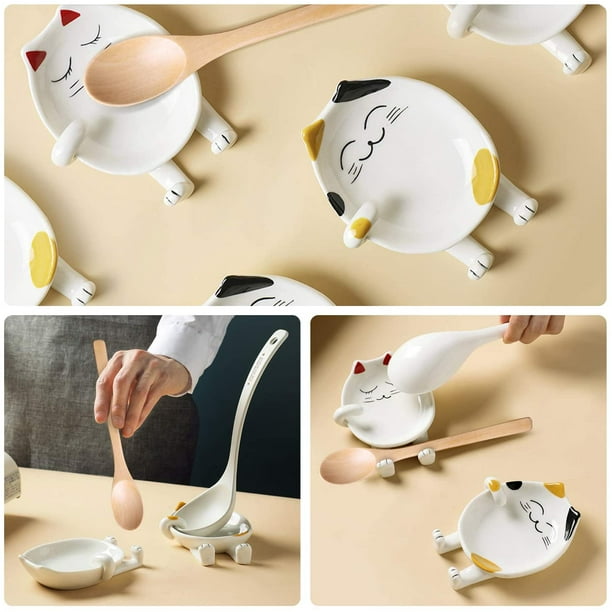 Spoon Rest for Kitchen Ceramic Cute Cat Spoon Holder for Cooking