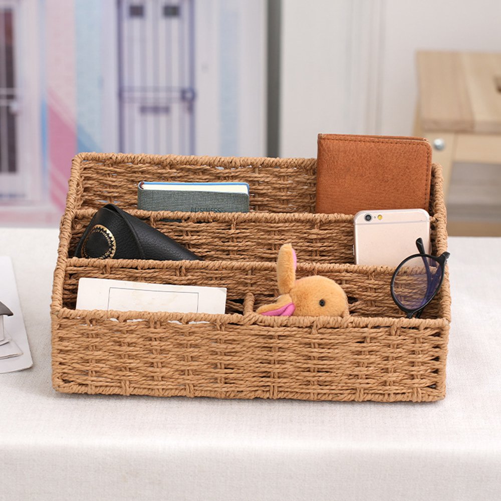 Woven Mail Organizer Basket, 12.6 Inch Countertop Mail Organizer for Bills and Pens, Farmhouse Desk Storage and Accessories