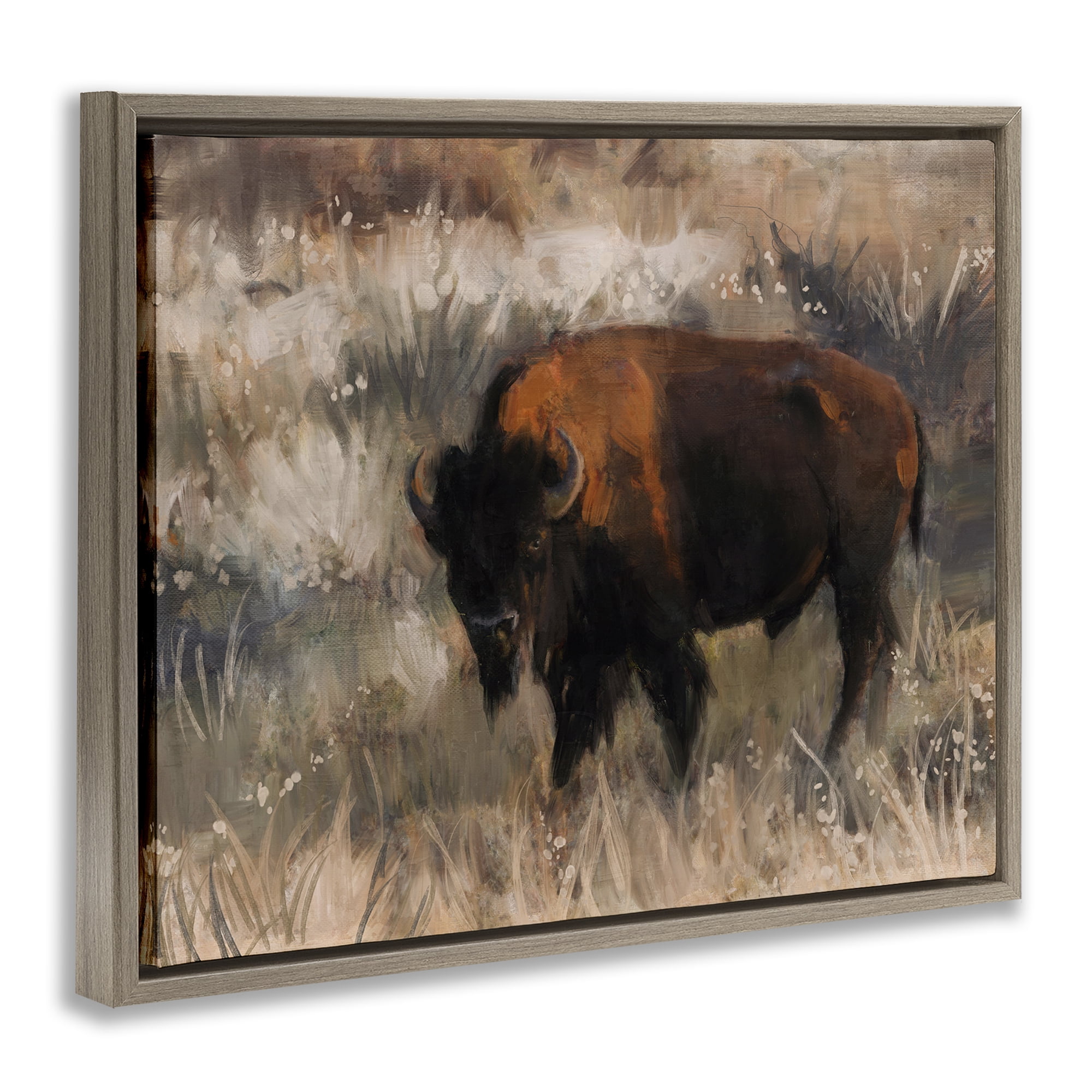 Stupell Industries Bison on the Range Animals Painting Brown Floater Framed Canvas Art Print Wall Art, 21 x 17
