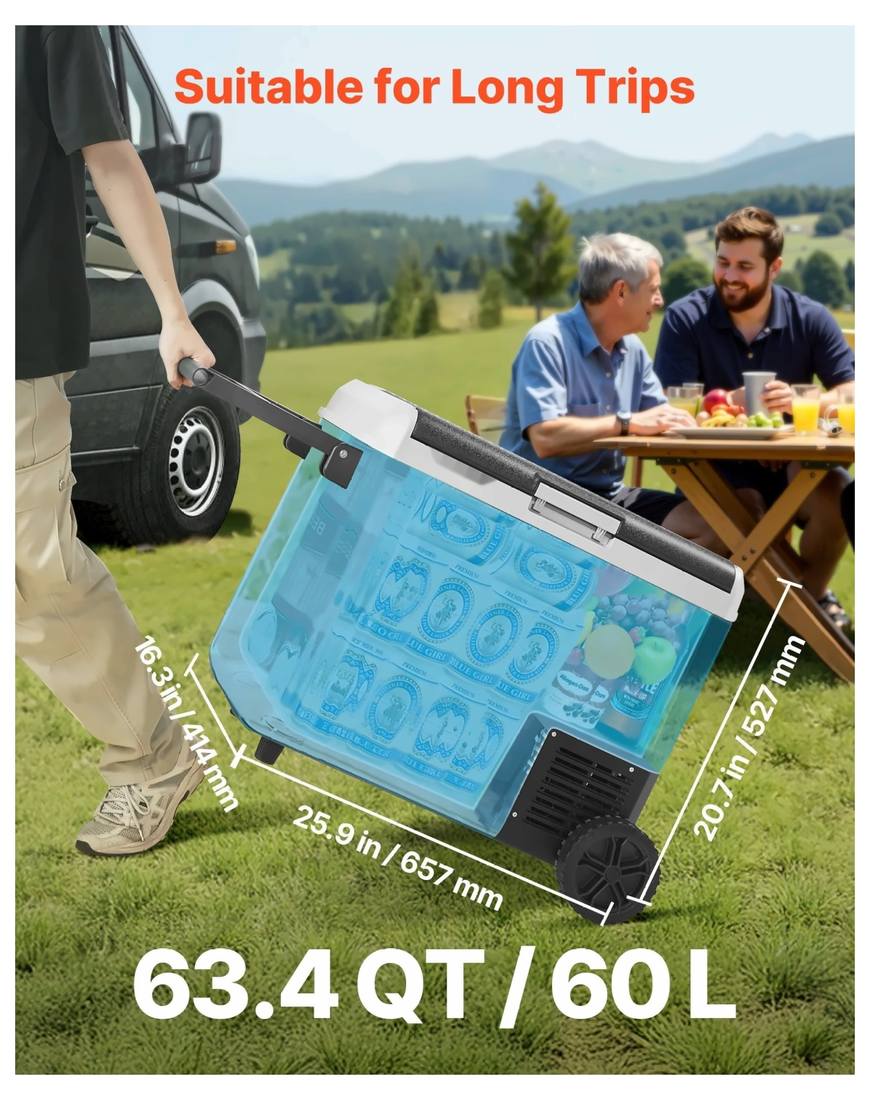 12 Volt Car Refrigerator 63.4QT, Portable Fridge Freezer with Wheels, -4 to 68°F, DC 12/24V & AC 100-240V, for Camping, RV, Travel