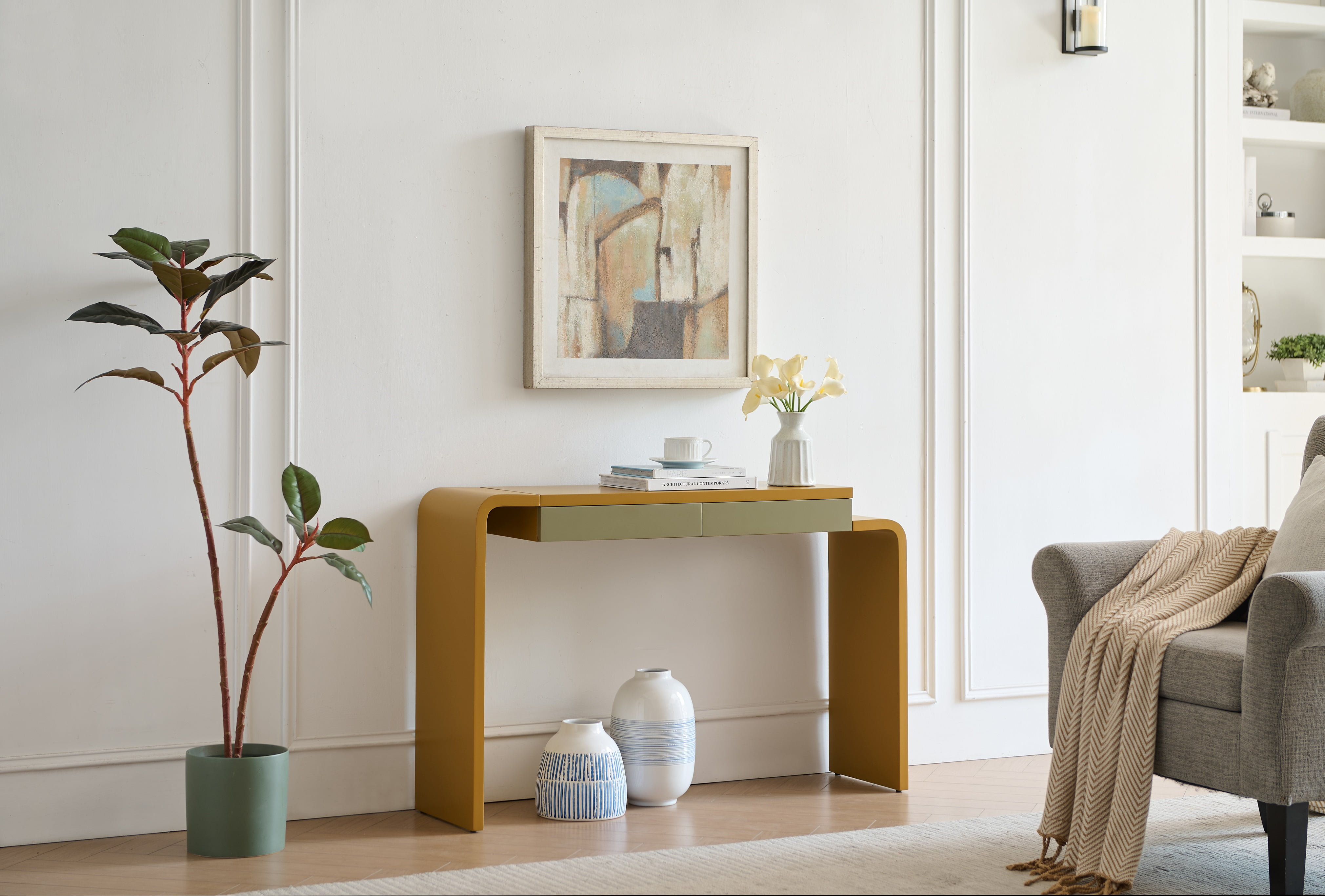 Kings Brand Furniture Yuma Wooden Console Table - Contemporary Thin Sofa Table, Side Table, Entryway Table with 2 Drawers Perfect for Hallway, Living Room, Foyer (Honey Mustard)