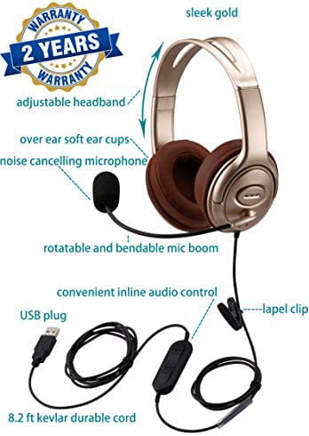 Yexatel USB Headset with Microphone Noise Cancelling for PC Computer for Zoom Skype Video Conferencing Online Meeting Remote Work Speech Recognition Inline Mute Button Volume Control Gold Single Ear 