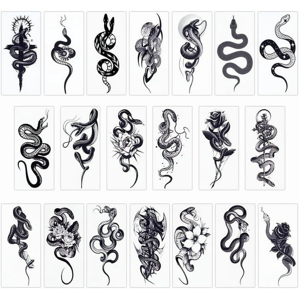 20 hojas de tatuajes temporales de serpiente, papel de serpiente negro, pegatinas temporales extraíbles, resistentes al agua, de larga duración, para maquillaje.