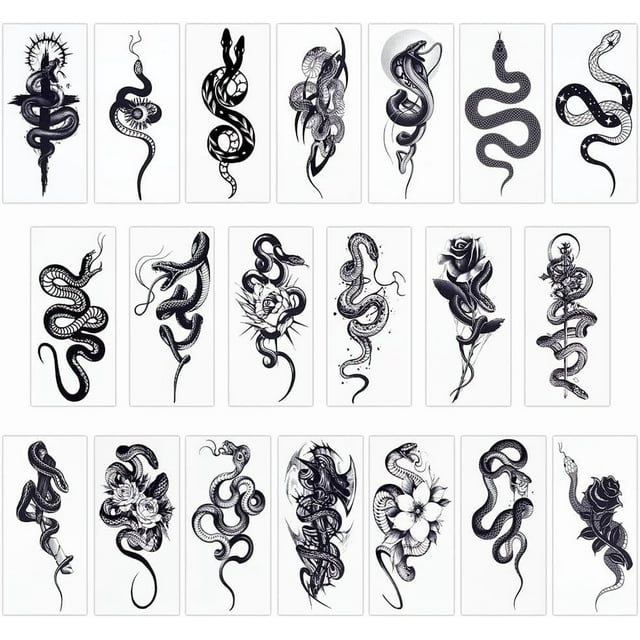 20 hojas de tatuajes temporales de serpiente, papel de serpiente negro, pegatinas temporales extraíbles, resistentes al agua, de larga duración, para maquillaje.