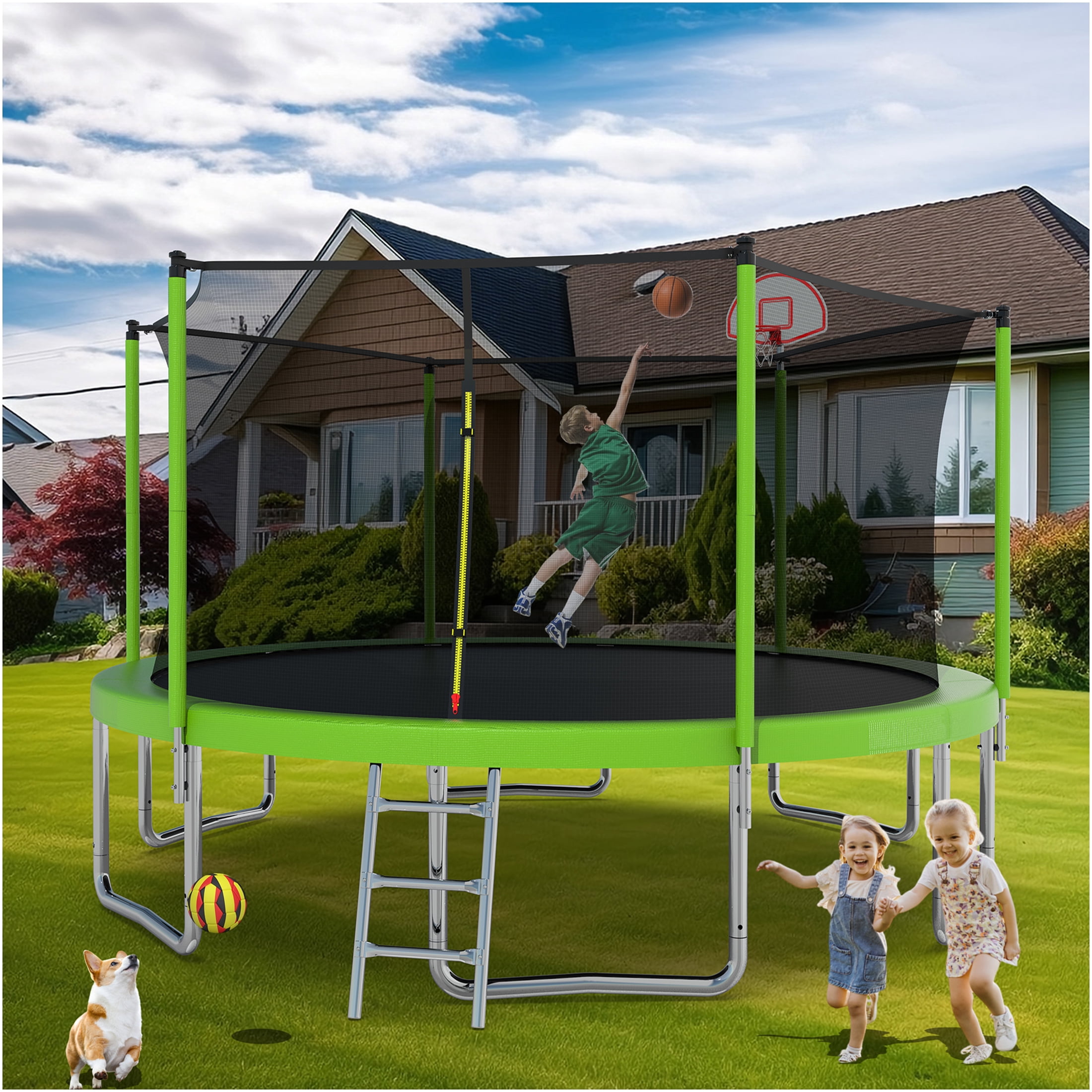 JERFIT 14FT Kids Trampoline with Safety Enclosure Net, Outdoor Large Jumping Mat for Backyard, Includes Basketball Hoop & Ladder, Green