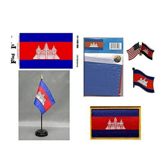 Cambodia Heritage Flag Pack - Includes a Cambodian 3x5' Flag, Vinyl Flag Decal, One Single & One Double Friendship Flag Lapel Pin, Miniature Desk Flag with Stand & One Iron-On Flag Patch