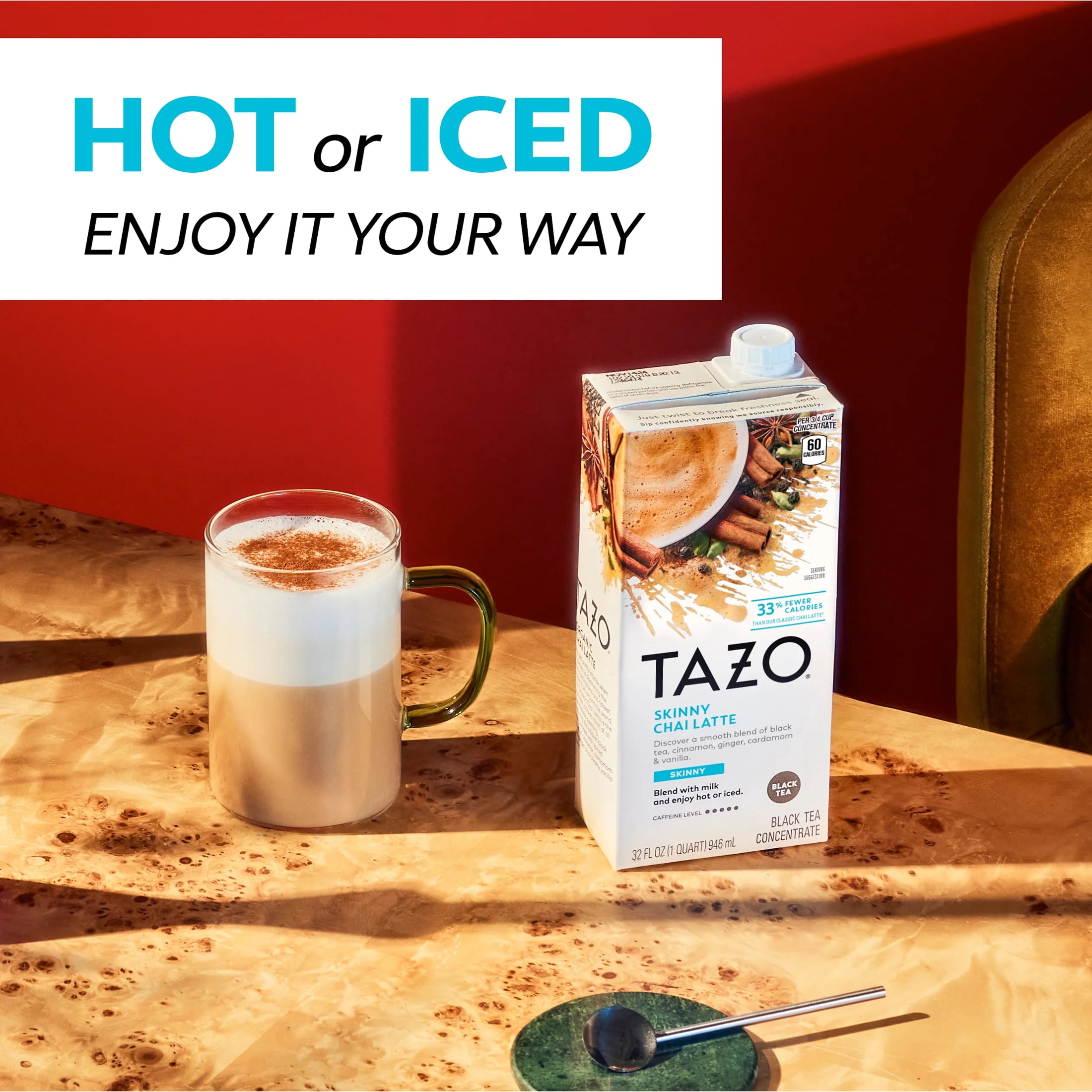 (4 pack) TAZO Skinny Chai Latte, Black Tea Concentrate, Hot or Iced Tea, 32 oz Carton