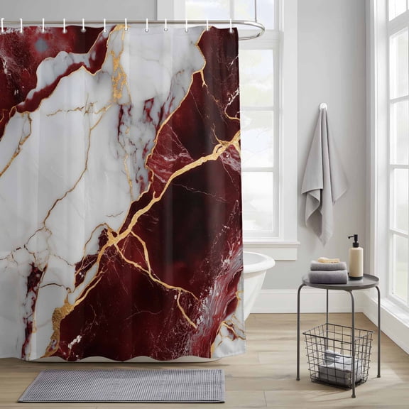 Bathroom Shower Curtain Burgundy Red White Marble Waterproof Shower Curtains with Hooks, Modern Abstract Stone Crack Texture Bath Curtains Bathtub Curtain Home Decor 36x72in