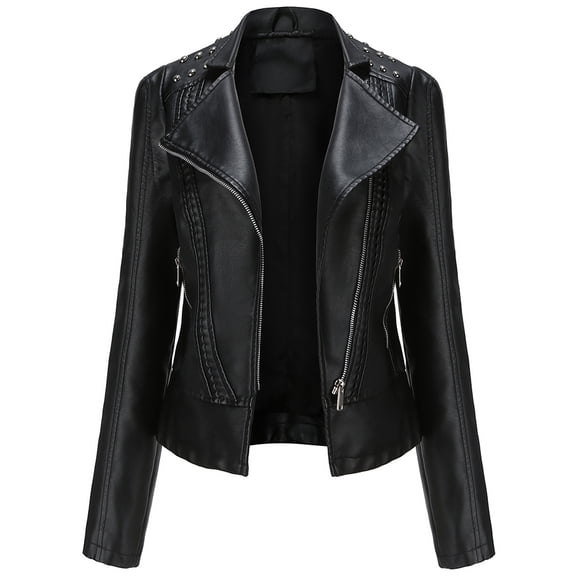 AZoiNM Women's Slim Fit Studded PU Leather Jacket Streetwear Zipper Front Long Sleeve