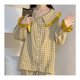 thumbnail image 3 of Conjunto de pijamas de manga larga para mujer Primavera Otoño Casual Precioso Patrón de cuadros sueltos Volantes Ropa de dormir de manga larga para mujer Patrón de cuadros con cuello con volantes XL, 3 of 8