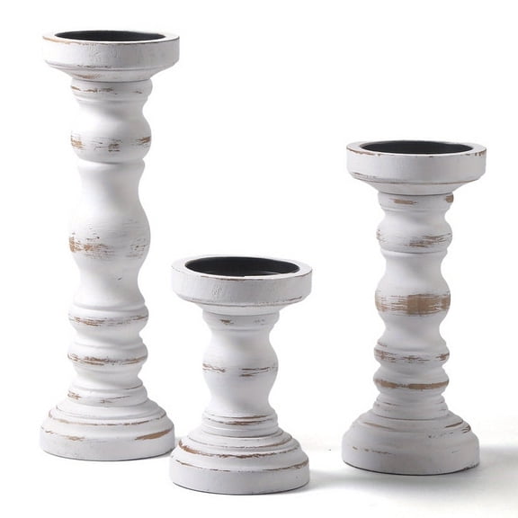 Wood Candle Holders for Pillar Candles - Set of 3 Tall Farmhouse Wooden Candlestick Holder, Rustic Candle Stand for Fireplace Mantle Shelf Table Home Decor, Brown Whitewashed