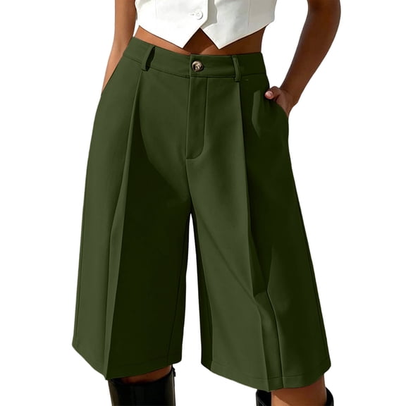 hoksml Women's High Waist Wide Leg Bermuda Shorts - Pleated Front with Button Closure and Pockets, Casual Work Shorts