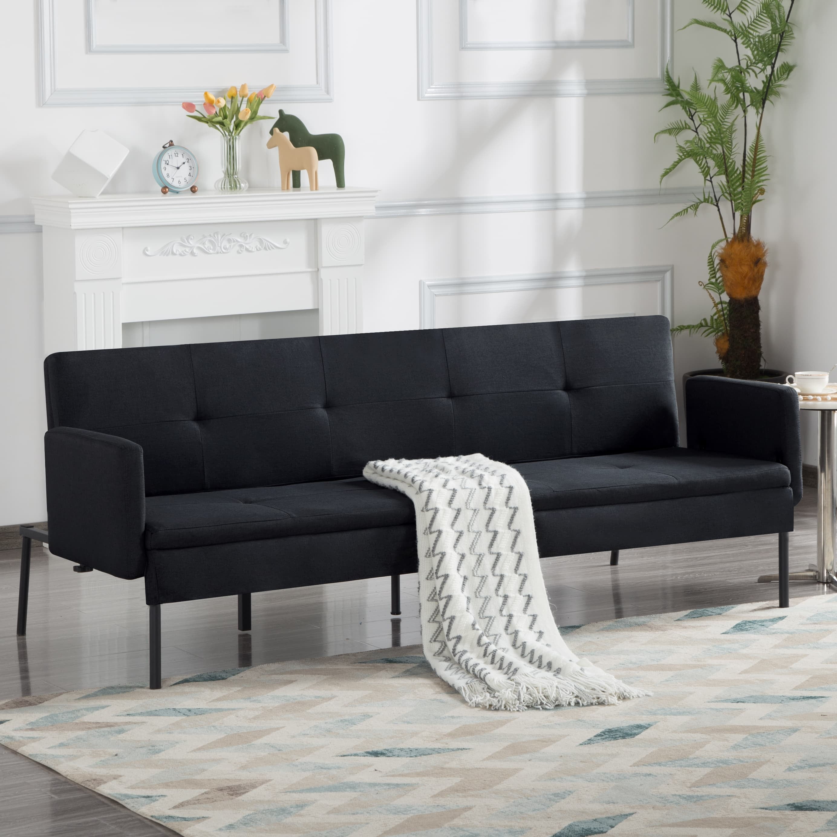 BSHTI 74.8” Futon Sofa Bed, Convertible Twin-Size Sleeper Sofa, Polyester Fabric Upholstered, 5 Positions Adjustable Backrest,Black