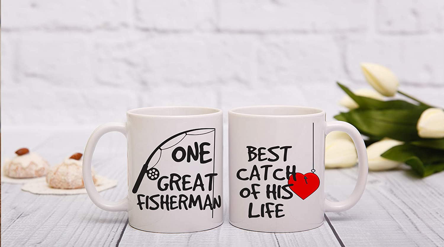 One Great Fisherman, Best Catch Of His Life Couples Mug - Funny Couple Mug  - (2) 11OZ Coffee Mug - Funny Mug Gift Set - Mugs For Husband and Wife 