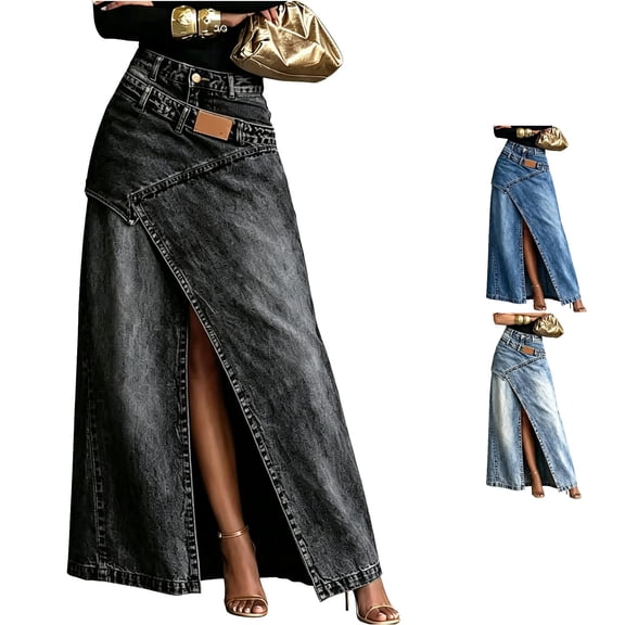 Wxolcjlv Womens Wrap Denim Maxi Skirt High Slit Asymmetrical Waist Detail Skirts