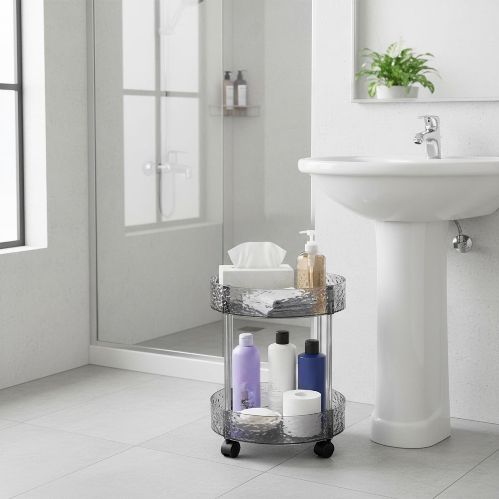 SCNOR Organizing 2 Tier Round Storage Trolley, Clear Plastic Rolling Cart with 4 Smooth Wheels - Easy Assembly Movable Organizer for Kitchen, Bathroom, Living Room, Bedroom Space-Saving