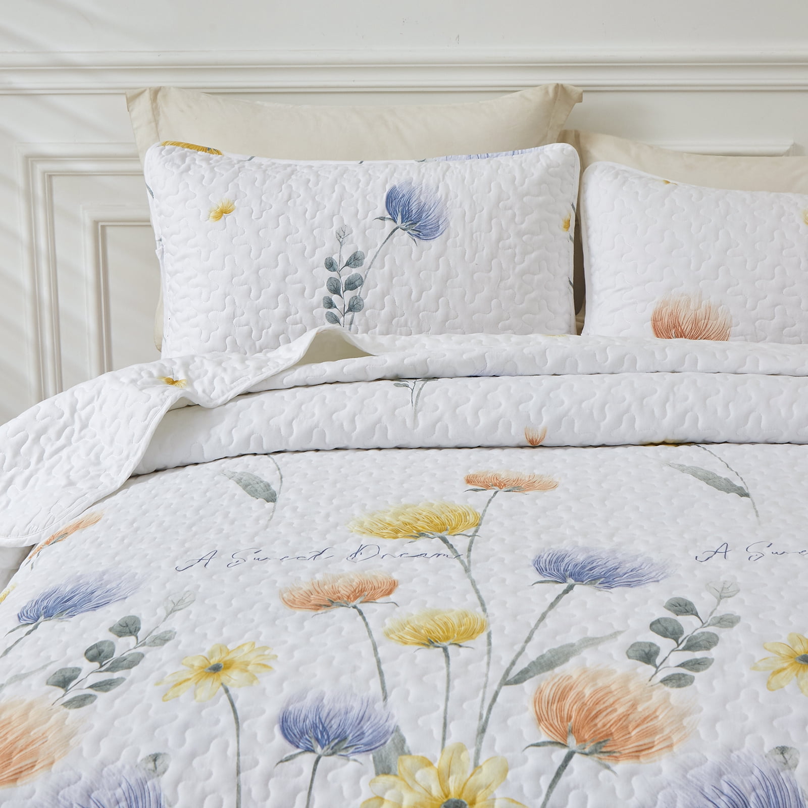 3 Pcs Blue Floral Quilt Set King Size, Bedspread Set Lightweight Coverlet for All Seasons(90"x104")