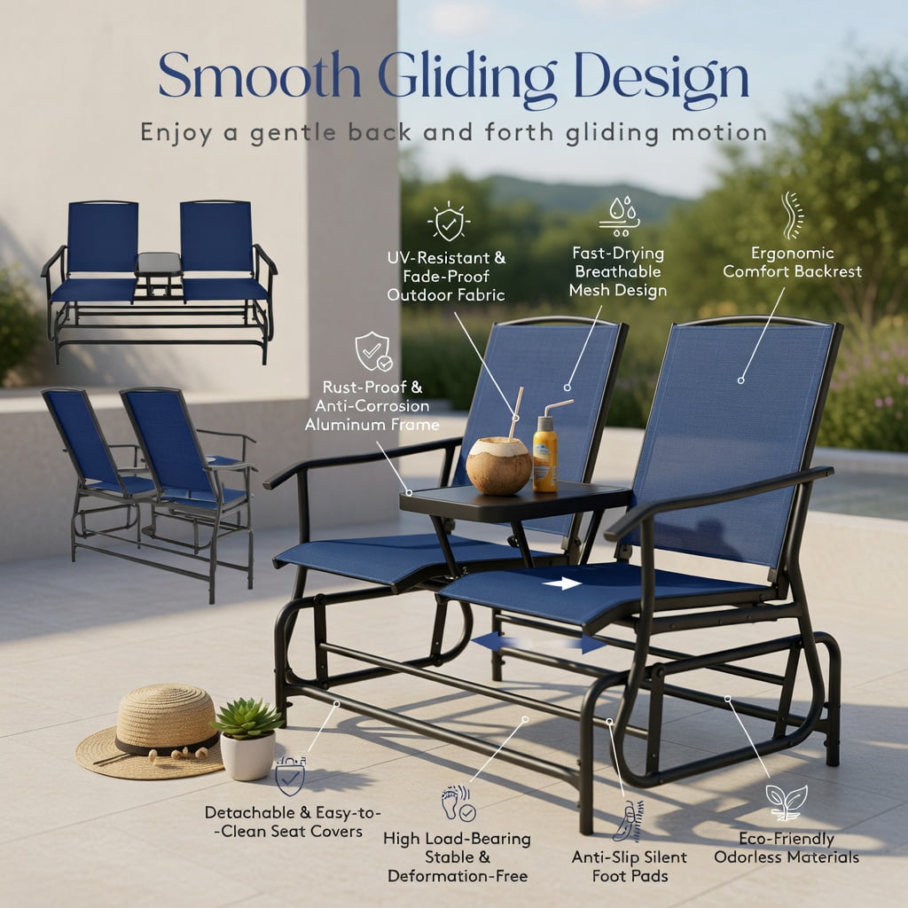 Hommoo 2-Person Outdoor Rocking Loveseat with Tempered Glass Center Table, Steel Frame & Mesh Fabric, Navy