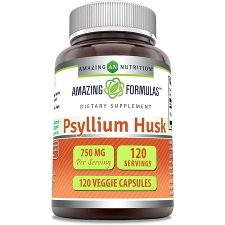 Amazing Formulas Psyllium Husk 750mg 120 Veggie Capsules Supplement | Non-GMO | Gluten Free | Suitable for Vegetarians