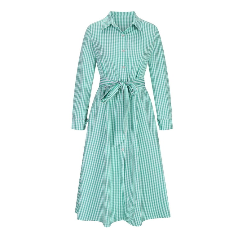 Blczomt Plaid Womens Holiday Dresses 2025 Midi Green Dressy Casual Long Sleeve Shirt Dress Trendy Soft Crew Neck Dresses, Women's, Size: