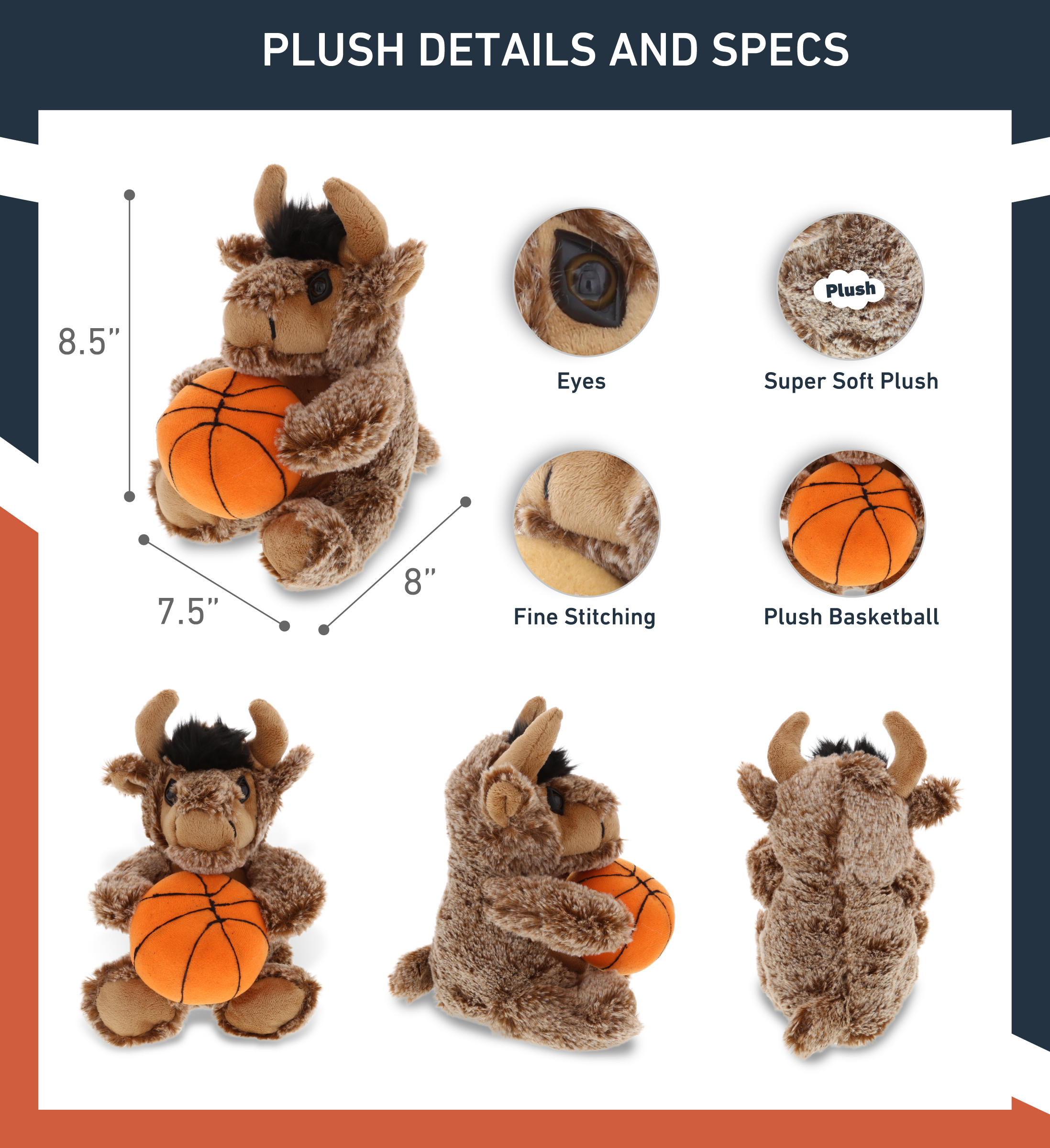 DolliBu Buffalo Stuffed Animal with Basketball Plush – Soft Huggable Buffalo, Adorable Playtime Bison Plush Toy, Cute Wildlife Gift, Basketball Plush Doll Animal Toy for Kids and Adults – 8 Inch