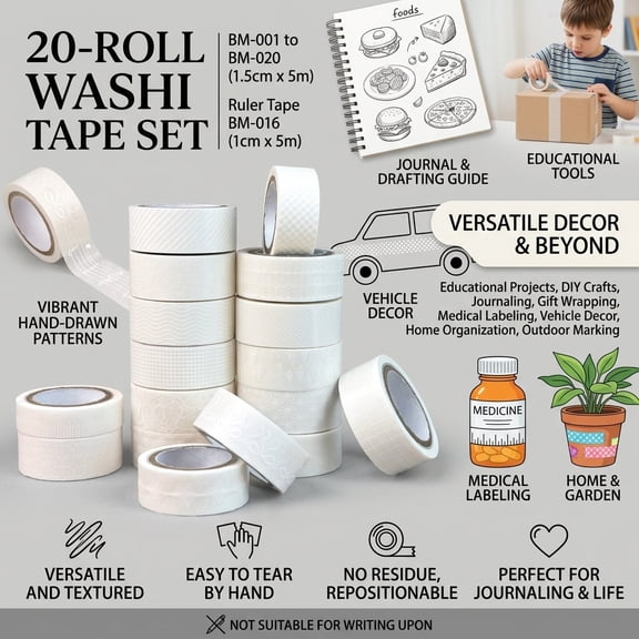 DEWEL 20 Rolls Premium Washi Tape Set, Aesthetic Decorative Masking Tapes for Journaling, Scrapbooking, DIY Crafts & Gift Wrapping - White & Translucent Patterns Back to School