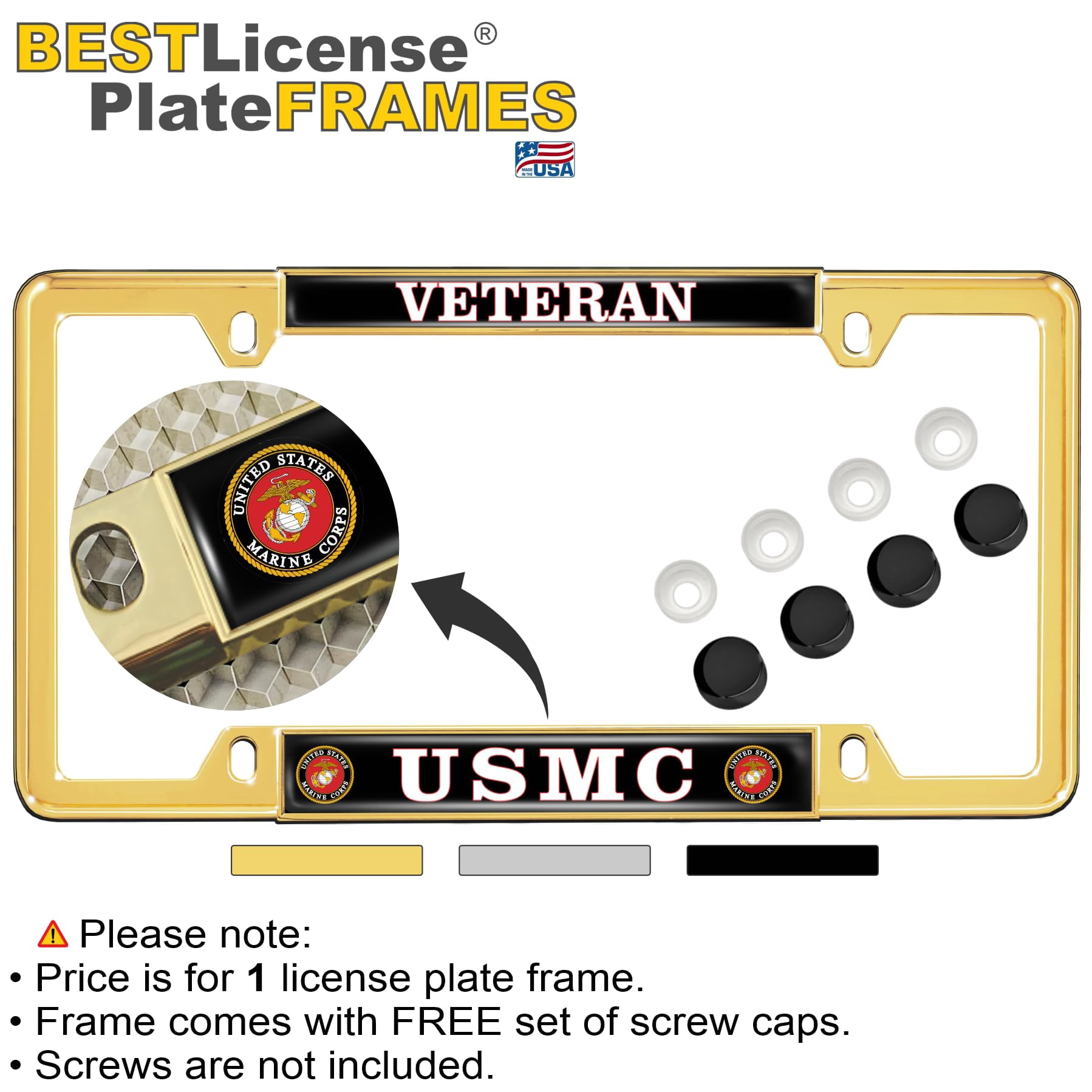 [Officially Licensed US Marine Corps Product] - USMC Veteran - Domed Custom-Made Personalized Narrow (Thin) Top 4 Hole Metal Car License Plate Frame with Free caps - Gold Frame (Qty: 1)