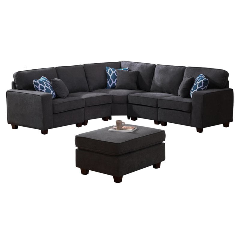 L Shape Sectional Sofa Corner Couch, Leather Sofa With Fabric Ottoman