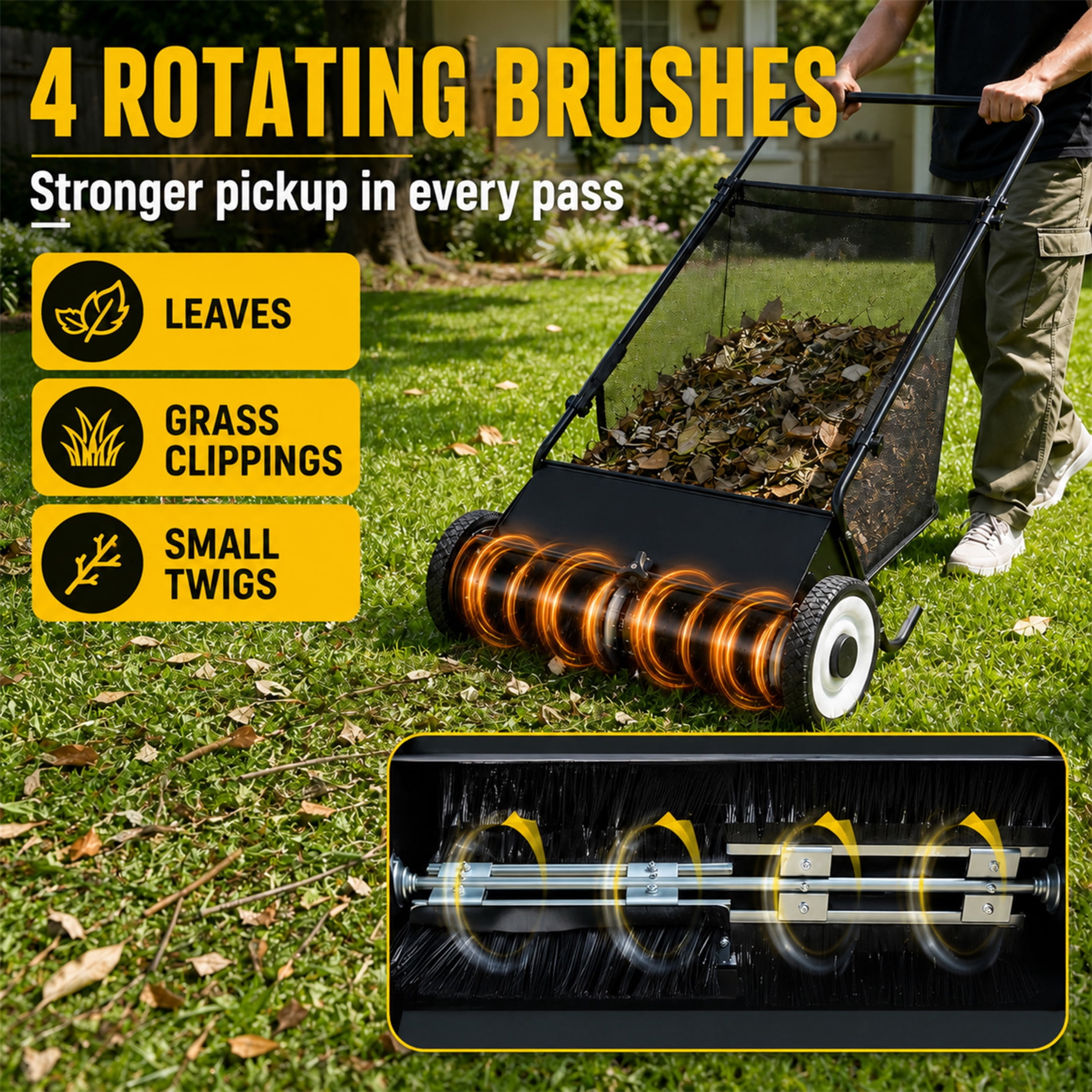 GDF Studio 26" Push Lawn Sweeper with 7 Cu. Ft. Large Hopper & 4 Rotating Brushes, Heavy-Duty Steel Frame, Black