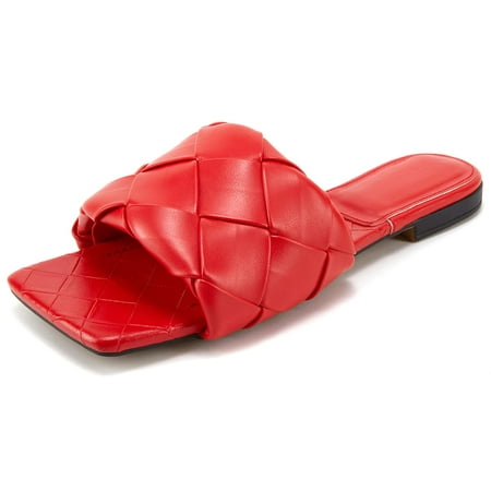 

Saodimallsu Women Square Open Toe Woven Single Band Comfort Slides Slip on Flat Sandals