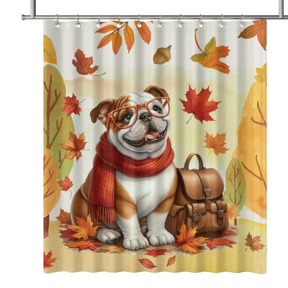Welcome Fall Bulldog Enjoys School Time Autumn Fall Leaves Shower Curtain Dog Lover Gifts Idea Waterproof Bathroom Bathtub Curtain - 02013