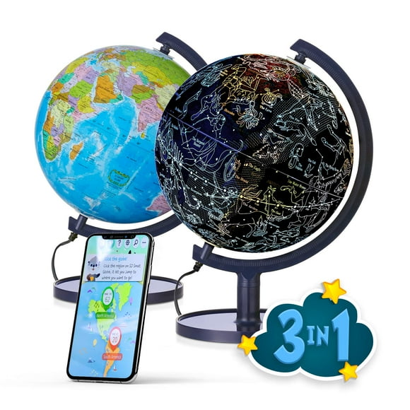 SJSMARTGLOBE Interactive 10" Globe for Children with Stand (DIY) - App-Compatible, 400 Wonders, 1000+ Facts, LED Constellations, STEM Globe, World Lamp & Earth Decor