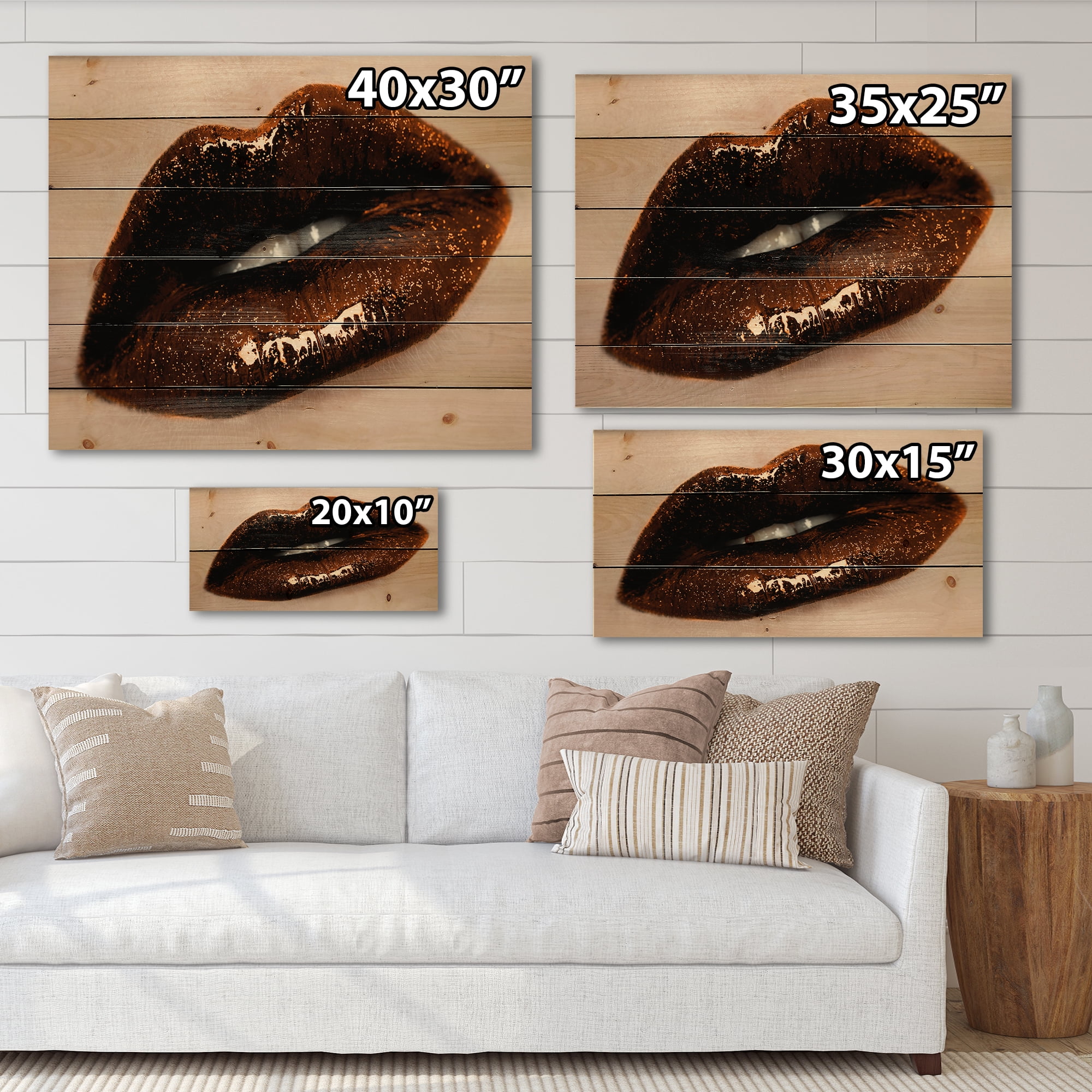 Designart 'Close-Up Of Gorgeous Female Lips II' Modern Print on Natural Pine Wood