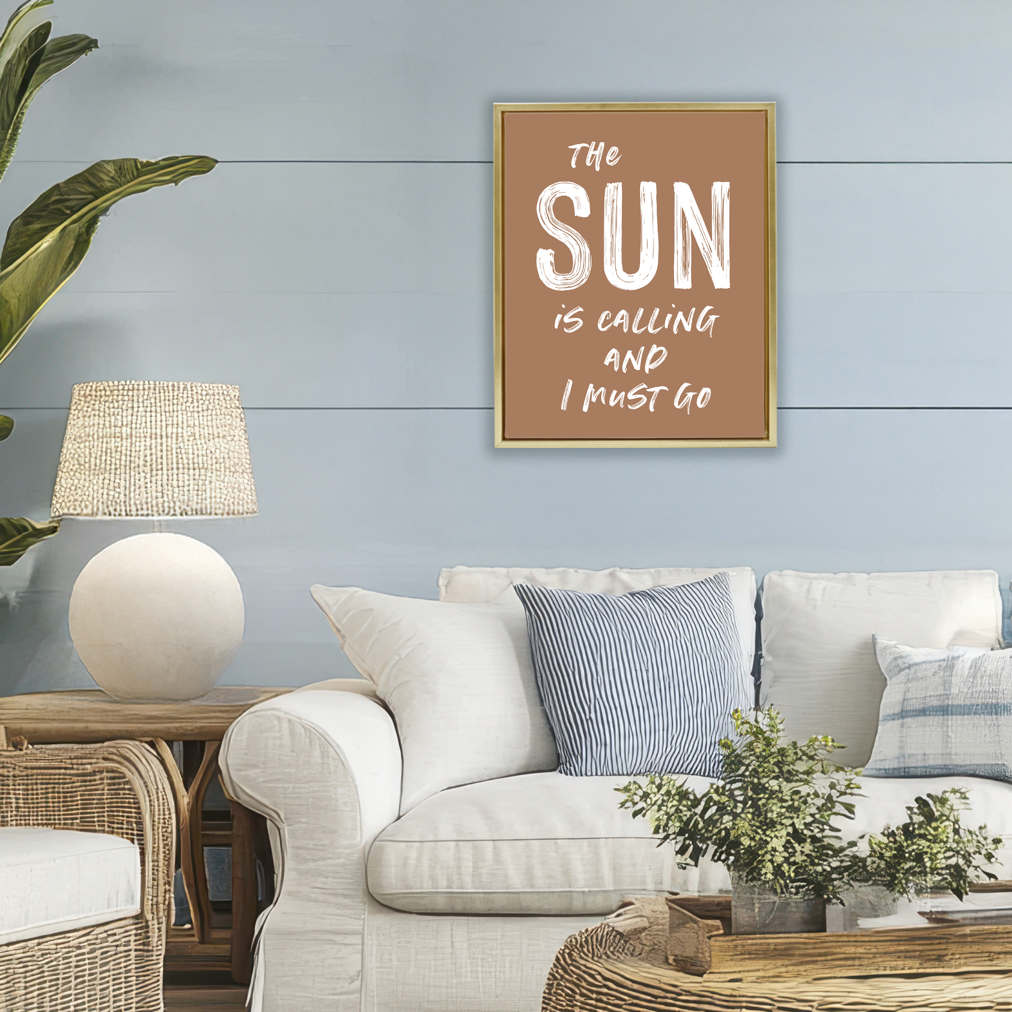 Sun Is Calling Must Go Gold Framed Floater Canvas Wall Art, design by Lettered and Lined