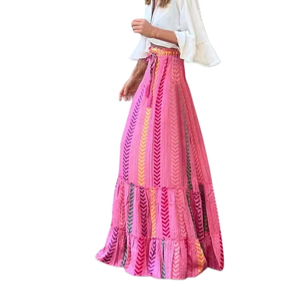 ibiyuan Maxi Skirts For Women Women's Bohemian Flowy Midi Skirt with Floral Print and Tie Waist for Beach A Line Style