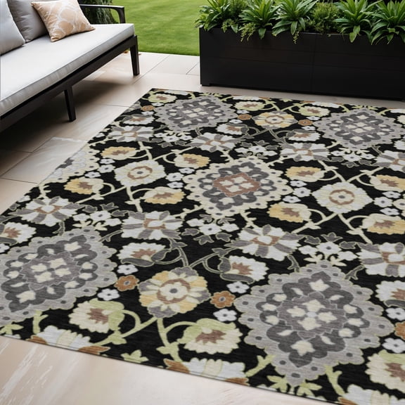 HomeRoots 597663 5 x 8 ft. Black, Gray & Brown Oriental Washable Indoor & Outdoor Rectangle Area Rug