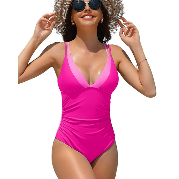 Attraco Tummy Control One Piece Swimsuits for Women Ruched Bathing Suits Strappy Monokini V Neck