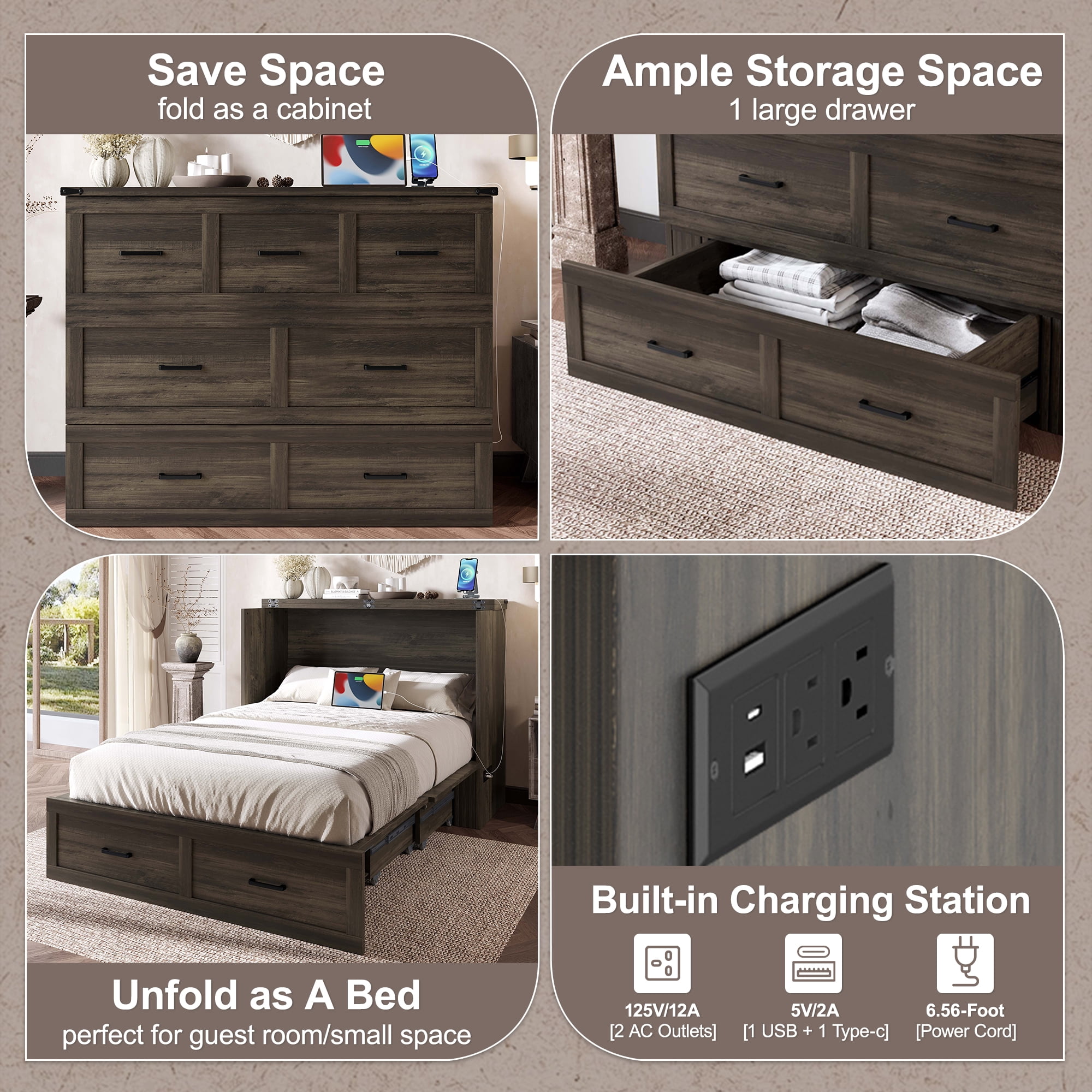 Mintazer Full Murphy Cabinet Bed with Charging Station & Large Storage Drawer, MultiFunctional Foldable Platform Bed for Guest Room Bedroom, Brown