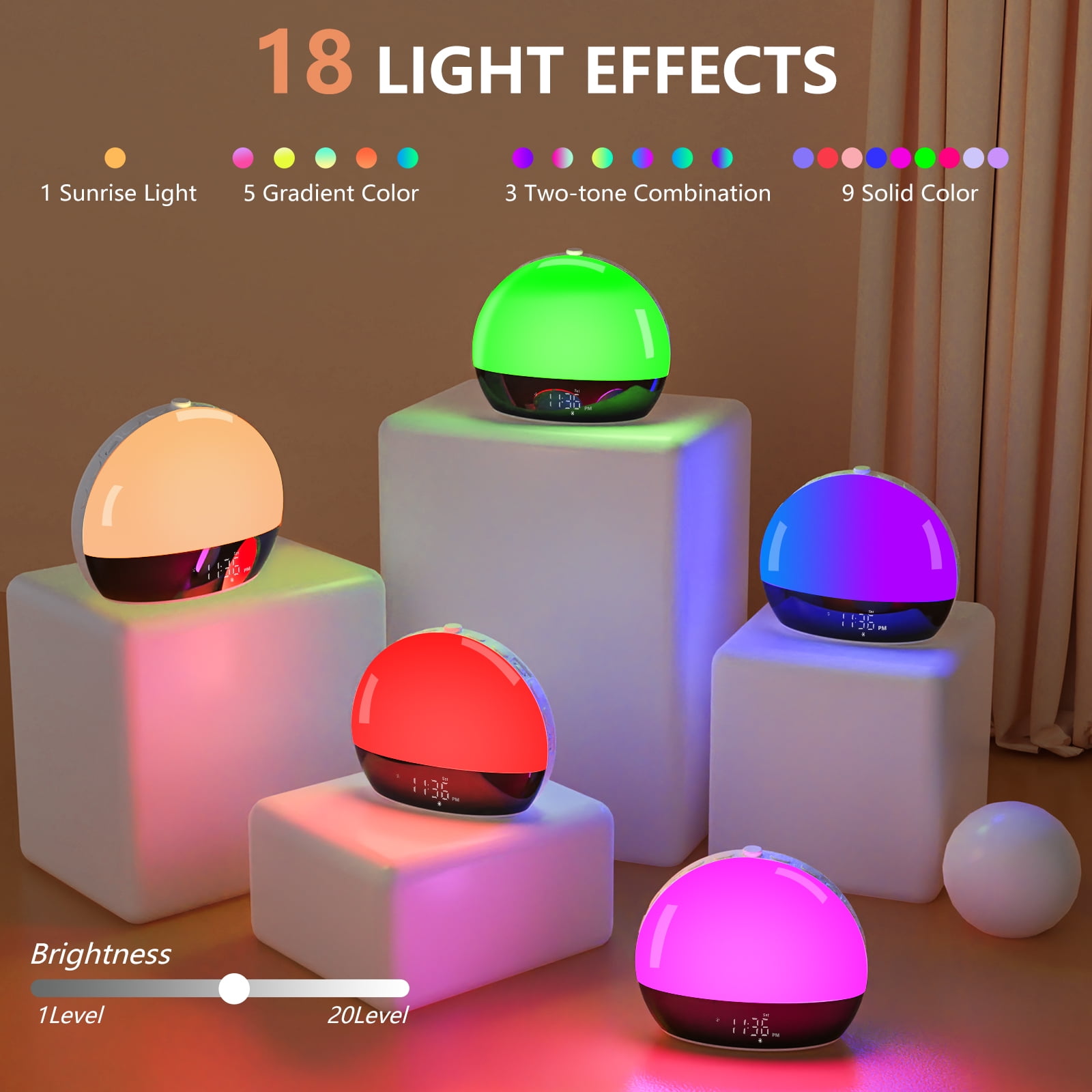 Sunrise Alarm Clock Sound Machine, Wake Up Light with Sunset Simulation, Dimmable Clock for Bedroom, Night Light & 25 Sleep Sounds, White Noise Machine,Wake Up Light Alarm Cloc