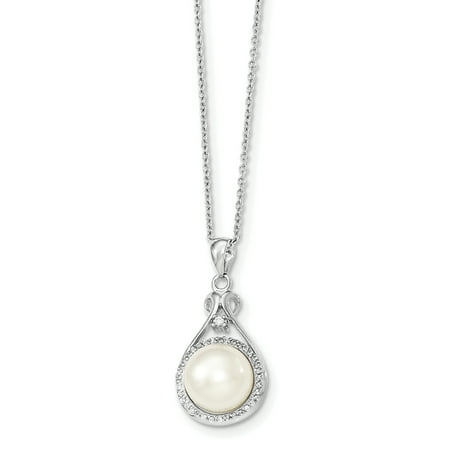 - 925 Sterling Silver Rhodium-Plated 10-11mm White Freshwater Cultured Pearl Cubic Zirconia Necklace 17 Inch