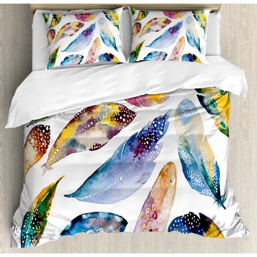 Ambesonne Feather House Oriental Asian Indian Feather Set Symbol of Magic and Balance Harmony Print Duvet Cover Set