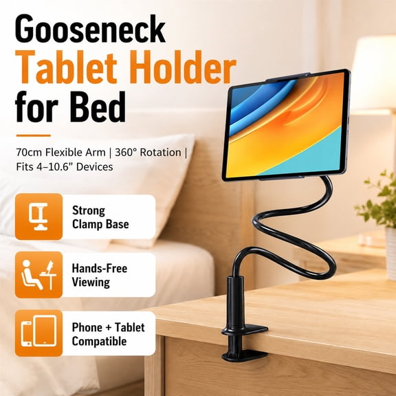 Tablet & Phone Holder for Bed and Desk – Flexible Gooseneck Arm Clamp Stand, 360° Adjustable Mount Compatible with 4.7"-12.9" Devices for Pad Phone