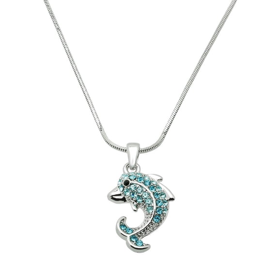Dolphin Pendant Necklace Aqua Color Rhinestone Crystal Rhodium Plated 17 Inch Snake Chain J0081-AQ