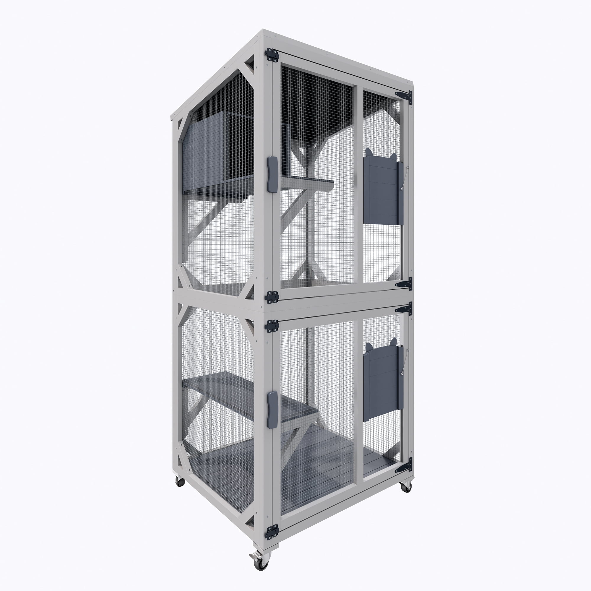 Outdoor Cat Enclosure Catio with Wheels, 71.2" Large Wooden Cat Cage, Multi-Level Cat House with Platforms, Lockable Doors & Removable PVC Tray