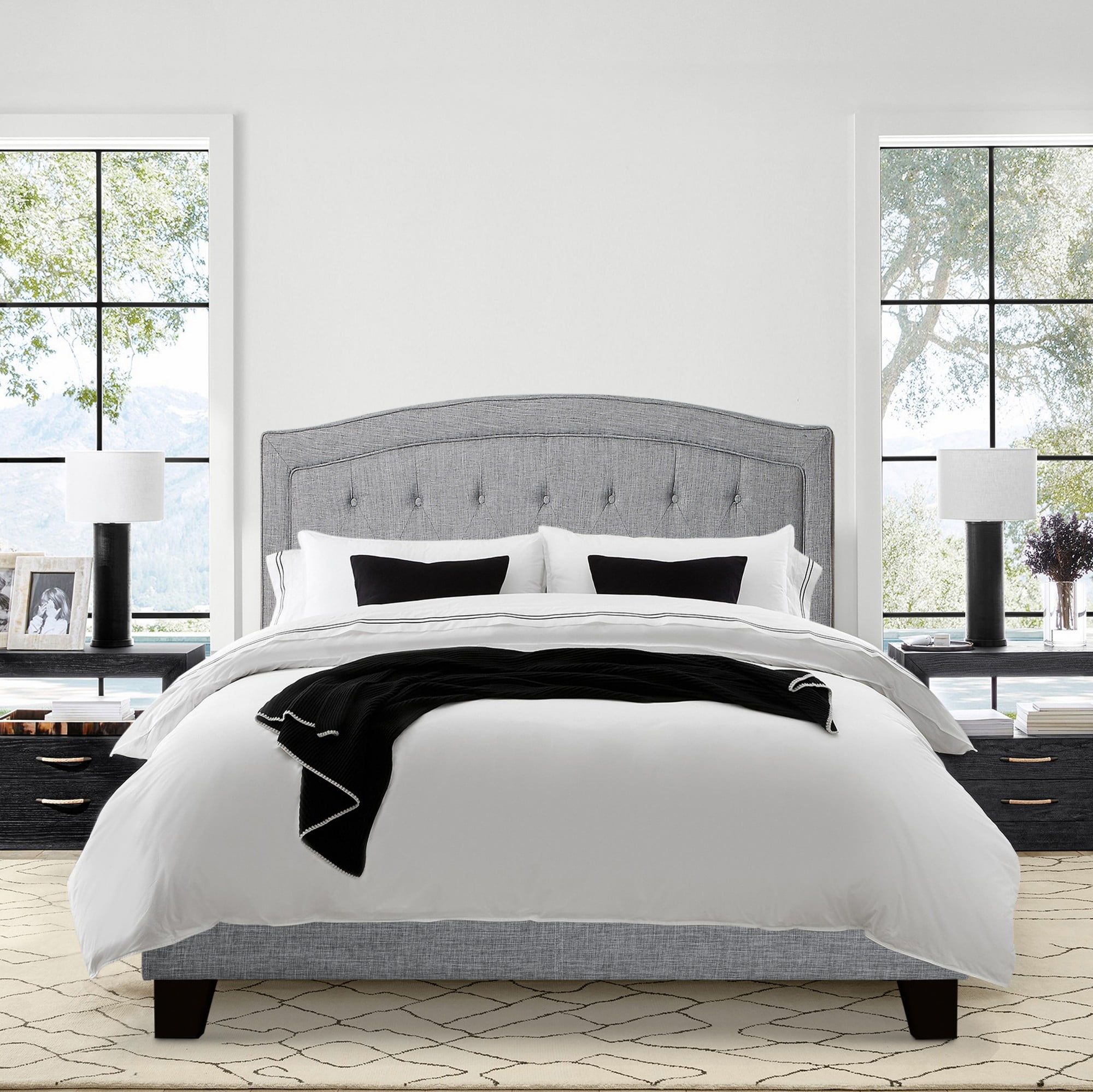 Gewnee Full Size Gray Bed Frame, Linen Upholstered Headboard, Solid Wood Slat Support & Sturdy Structure, Ideal for Bedroom, Box Spring Required