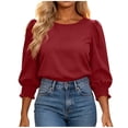 thumbnail image 2 of ClodeEU Women's Round Neck Puff 3/4 Sleeve Blouse,Casual Loose Tunic Top Wine,Women's Plus M, 2 of 5
